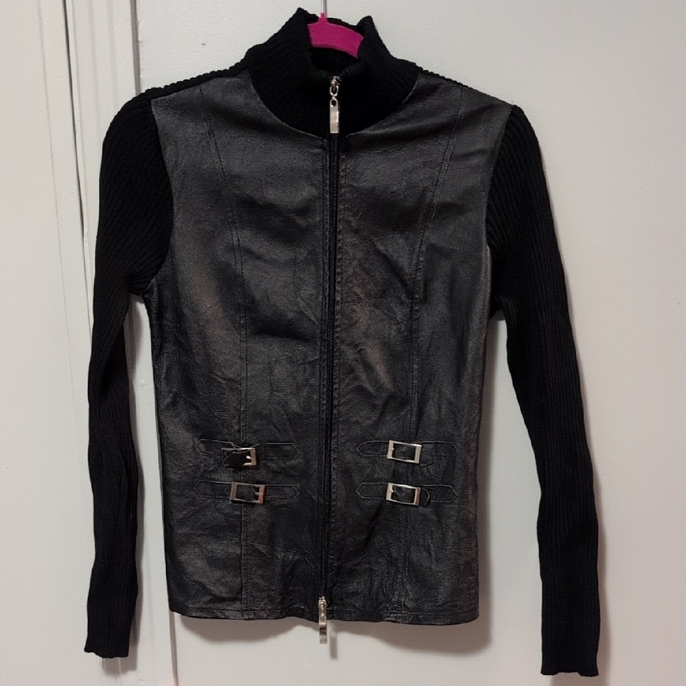 Katherine Barclay Black Leather Jacket with Ribbed Sleeves